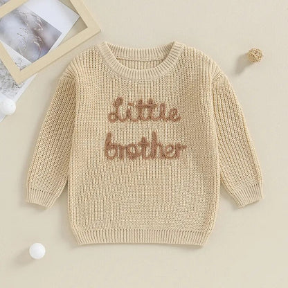 Baby Boys Sweater Letter Embroidery Little Brother Crew Neck Long Sleeve Pullover Top