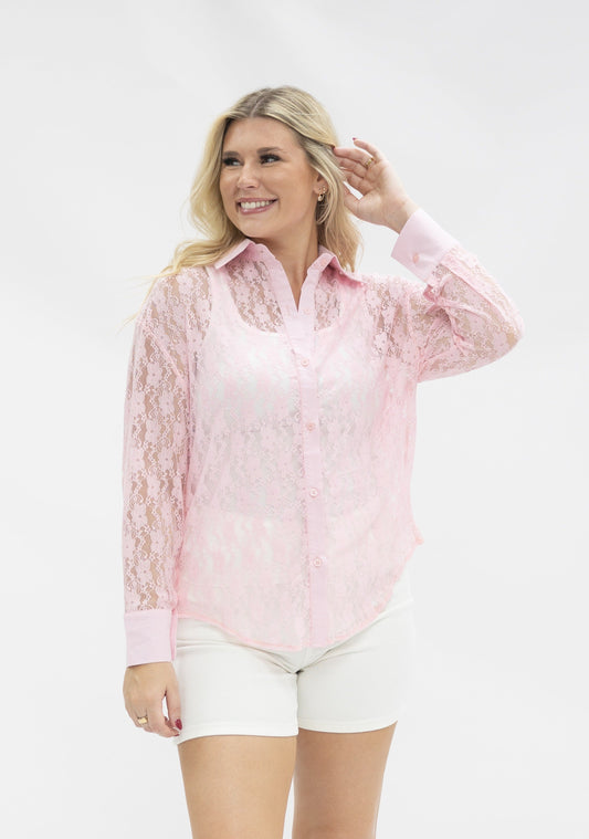 Kathryn Classic Button-Up, Light Pink Lace