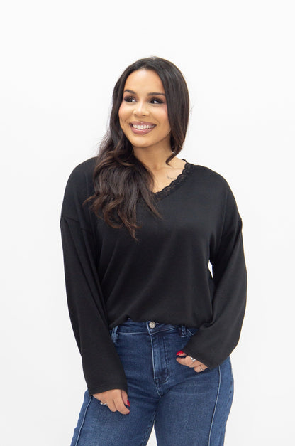 V-Neck Top with Lace Trim, Black
