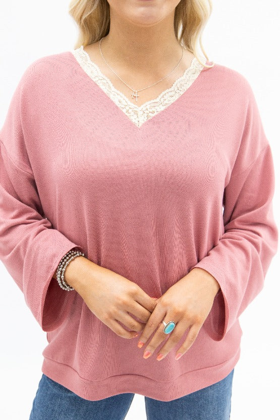 V-Neck Top with Lace Trim, Dusty Rose