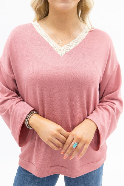 V-Neck Top with Lace Trim, Dusty Rose