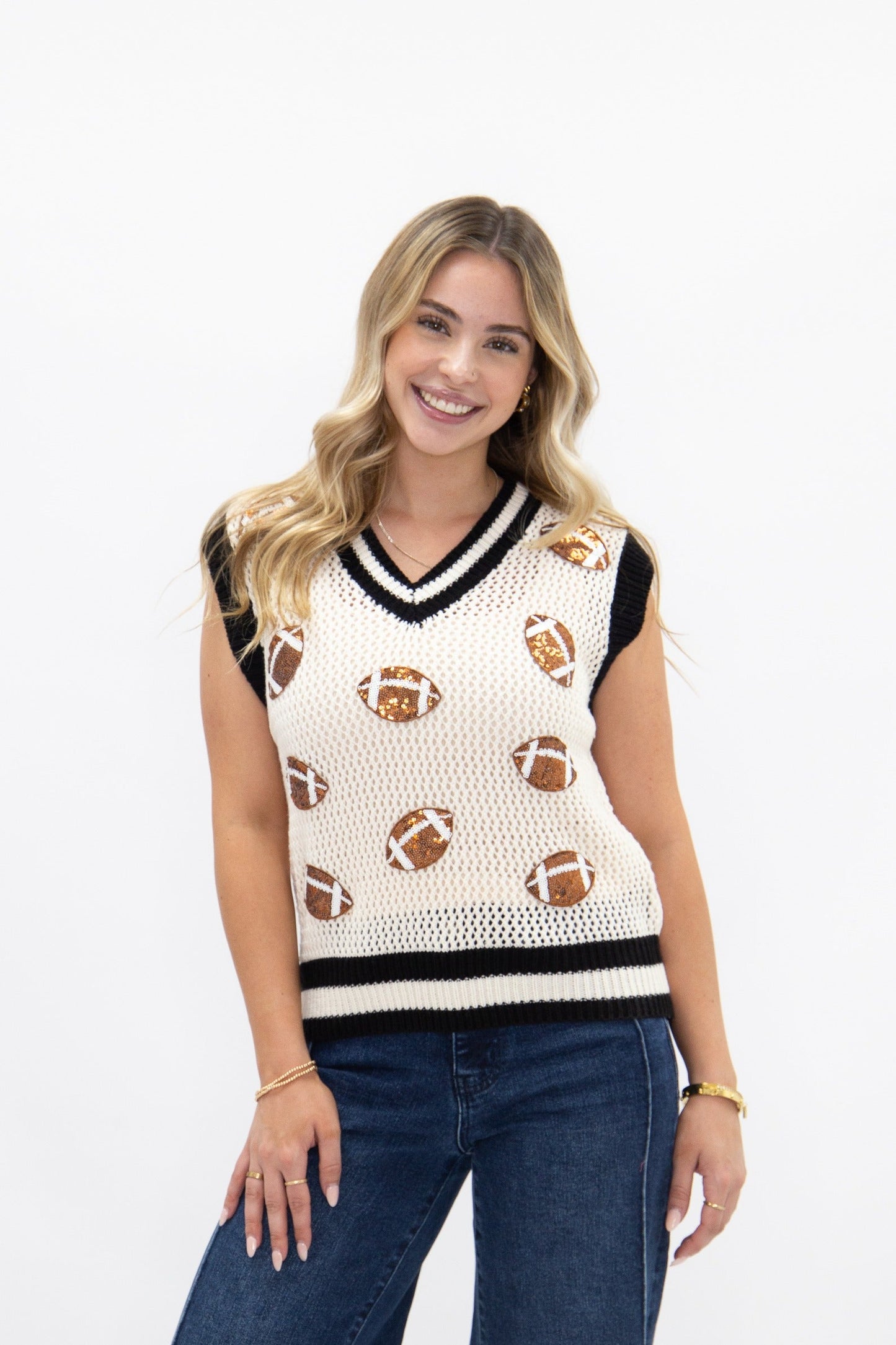 Glitter Football Patches Knit White Vest