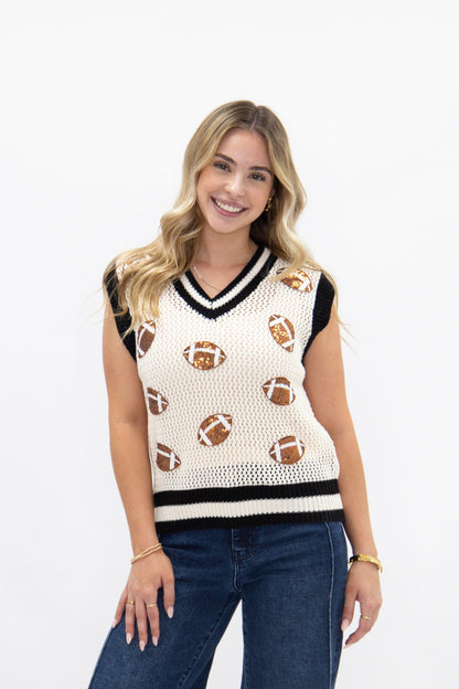 Glitter Football Patches Knit White Vest