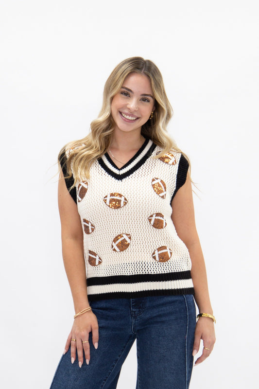 Glitter Football Patches Knit White Vest