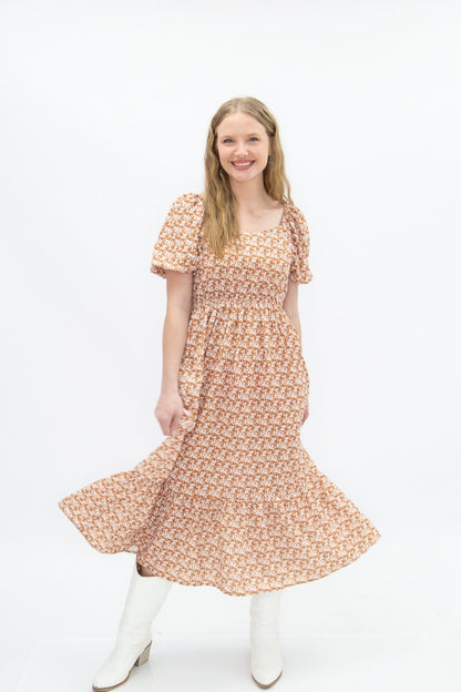 Puff Sleeve Midi Dress, Rust Floral