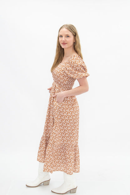 Puff Sleeve Midi Dress, Rust Floral