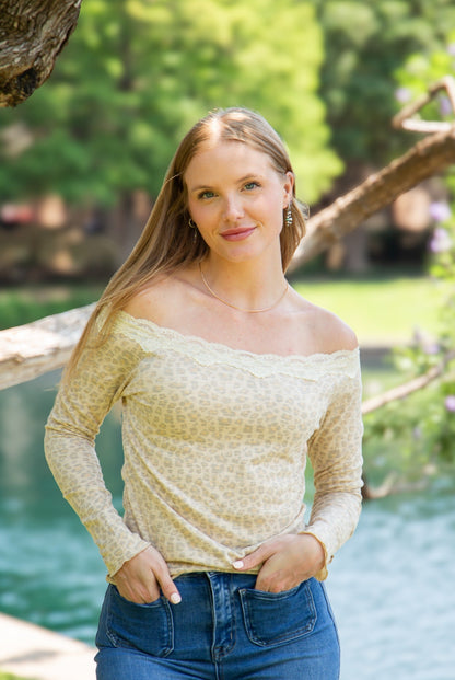 Longsleeve Off-the-Shoulder Top with Lace Trim, Leopard