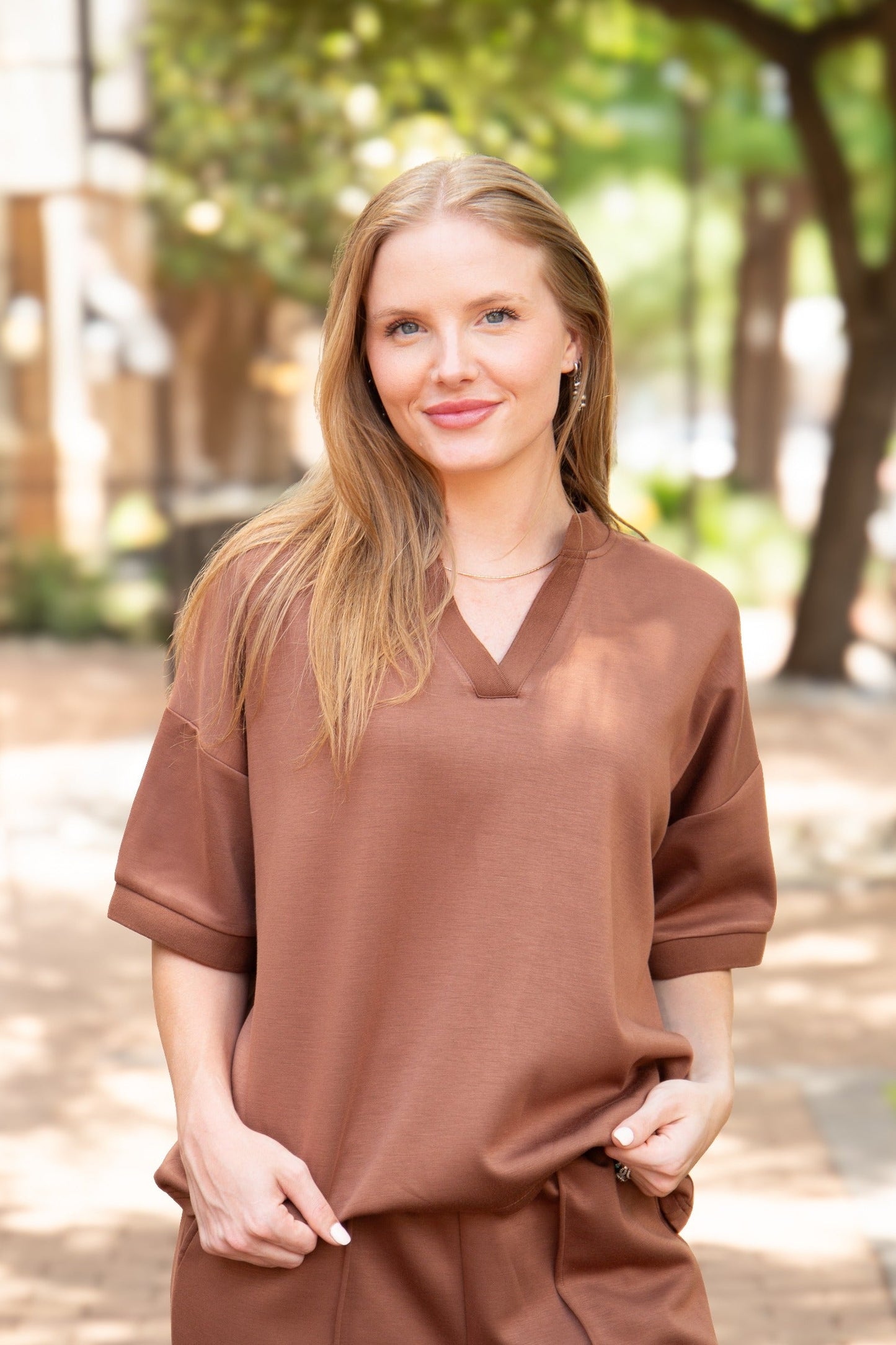 Butter Soft V-Neck Top, Brown