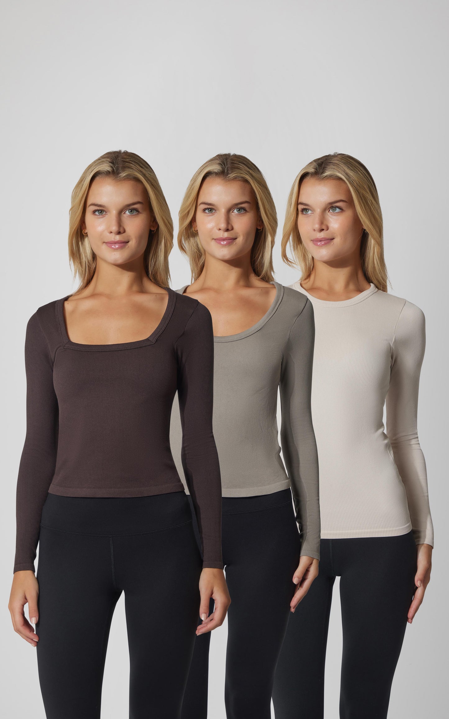 3 PK Ribbed Seamless Crew Neck, Scoop Neck and Square Neck Long Sleeve Top