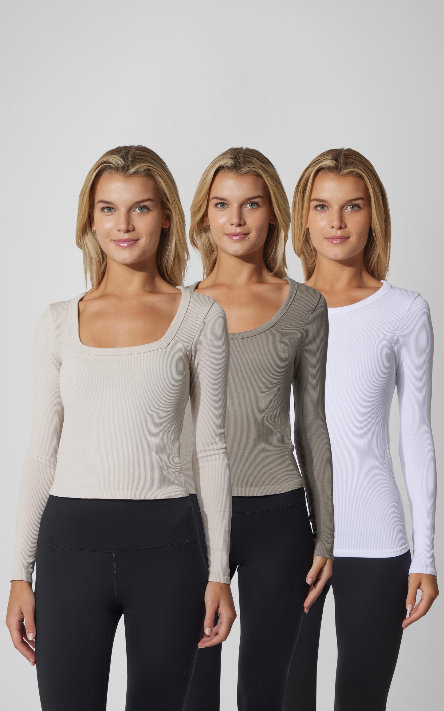 3 PK Ribbed Seamless Crew Neck, Scoop Neck and Square Neck Long Sleeve Top