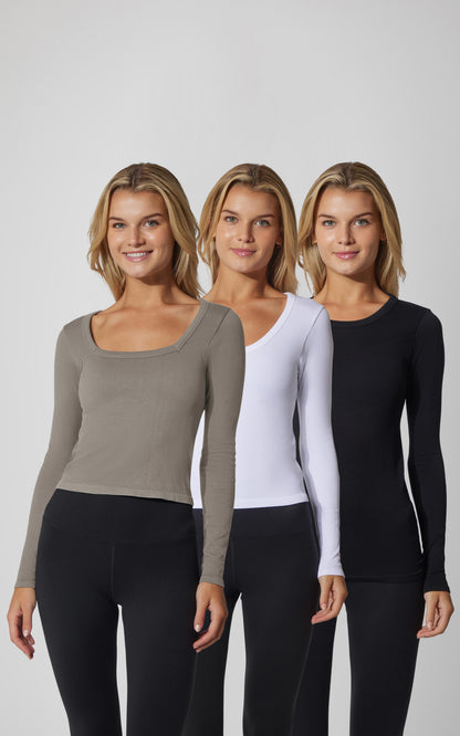 3 PK Ribbed Seamless Crew Neck, Scoop Neck and Square Neck Long Sleeve Top