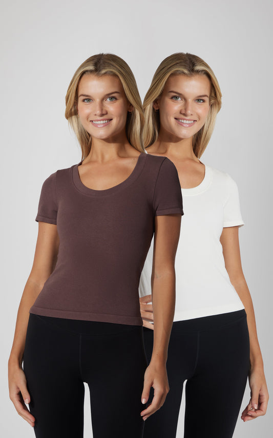 2 PK Seamless Ribbed Scoop Neck Short Sleeve Tee