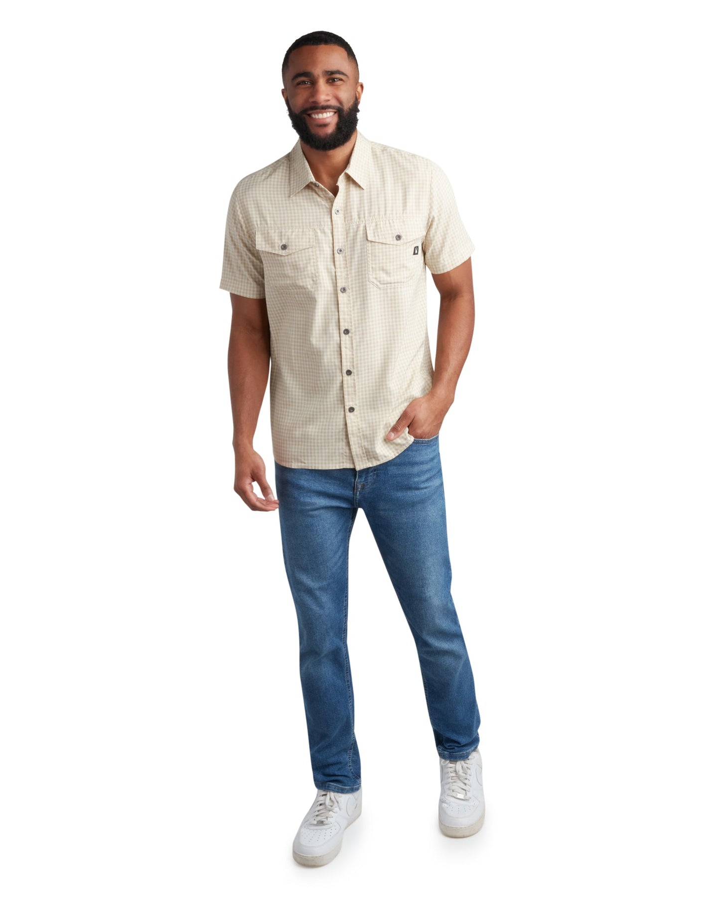 Mens Short Sleeve Mini Check - Khaki
