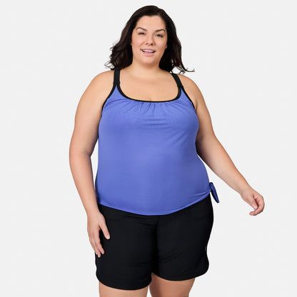 Women's Plus Size Textured Mesh Side Tie Blouson Tankini Top