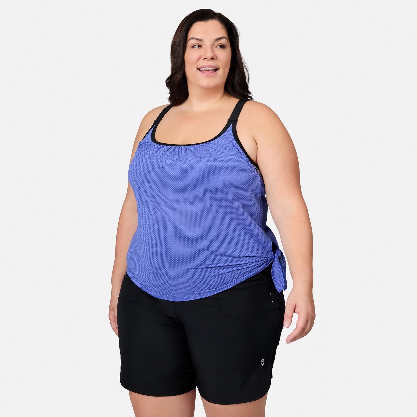 Women's Plus Size Textured Mesh Side Tie Blouson Tankini Top