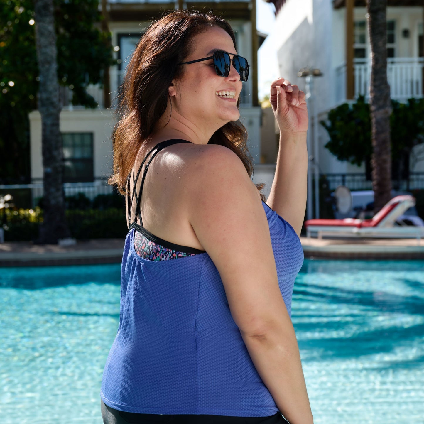 Women's Plus Size Textured Mesh Side Tie Blouson Tankini Top