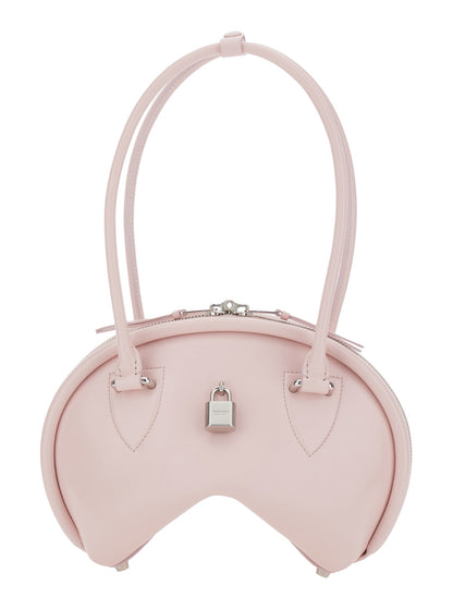 Pink Handbag With Top Handles and Logo Plaque