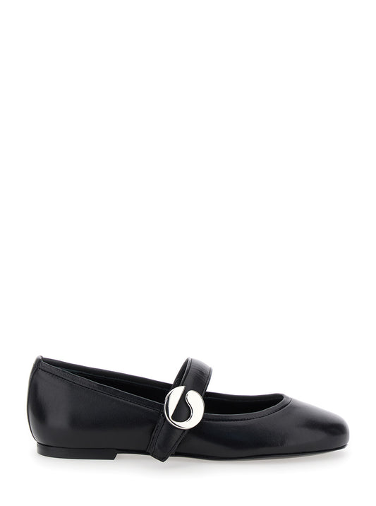 Black Ballerinas With Metallic Logo and Strap