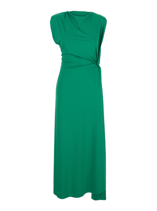 Green Long Dress With Pleated Details