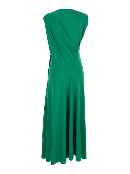Green Long Dress With Pleated Details