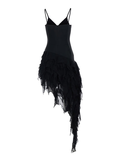 Long Asymmetric V-Neck Dress Black