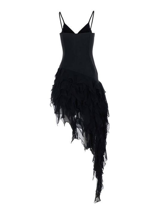Long Asymmetric V-Neck Dress Black