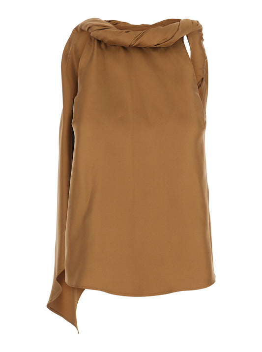 Top Twisted Collar Brown Silk