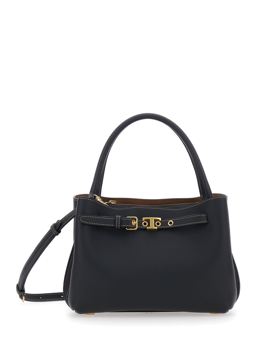 Handbag T-String Black Pebbled Leather