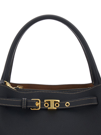 Handbag T-String Black Pebbled Leather