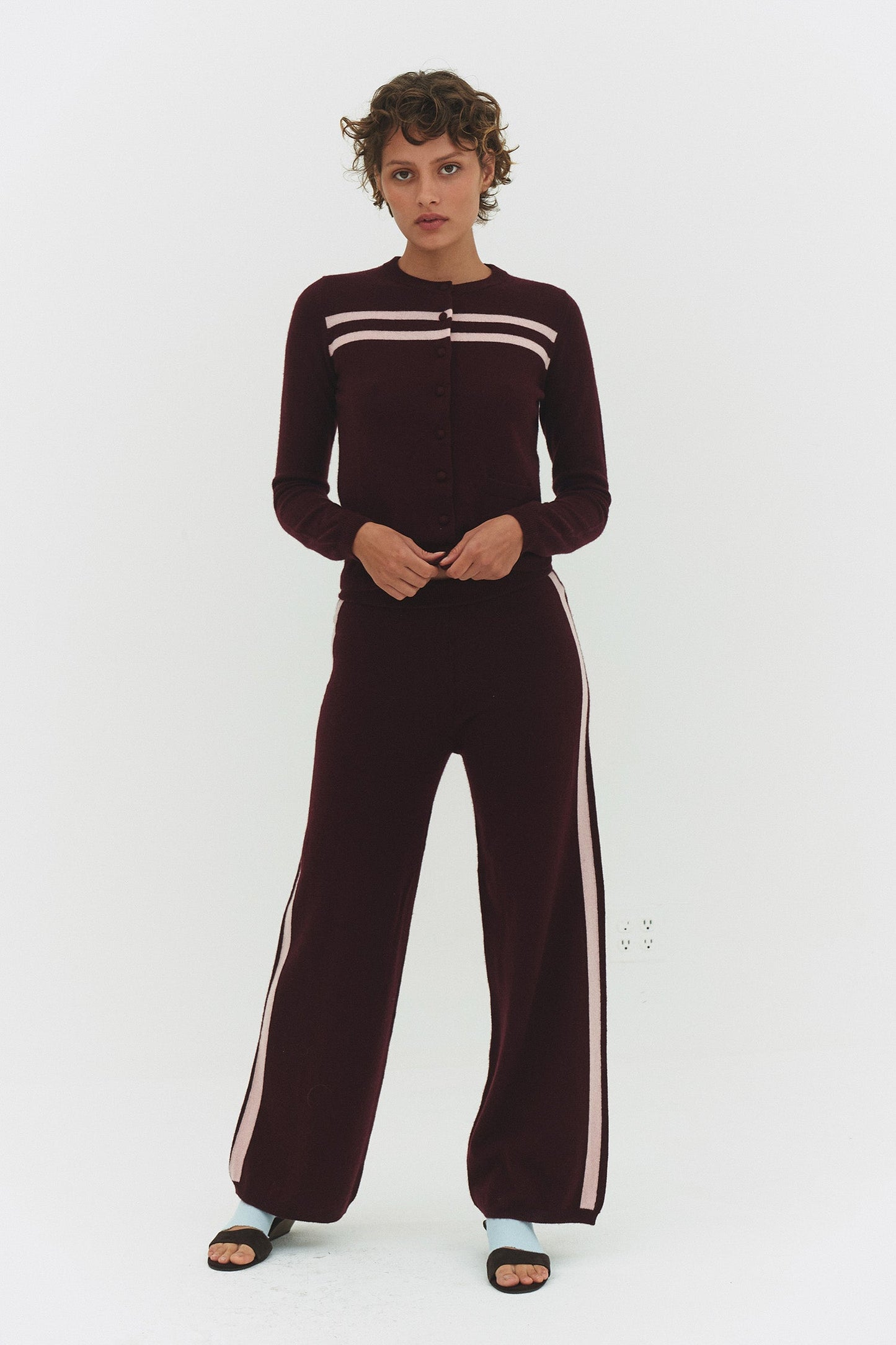 Cashmere Wool Stripe Wide-leg Pant in Raspberry