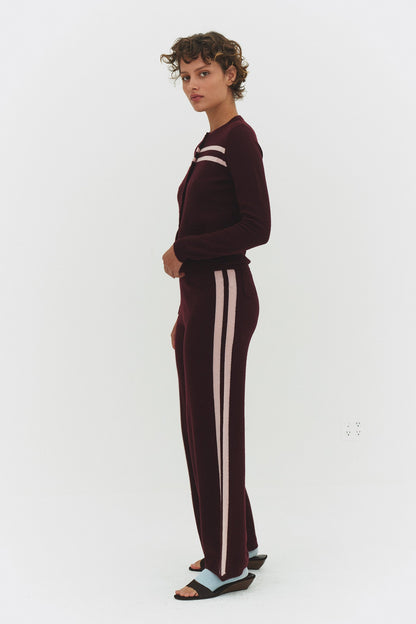 Cashmere Wool Stripe Wide-leg Pant in Raspberry