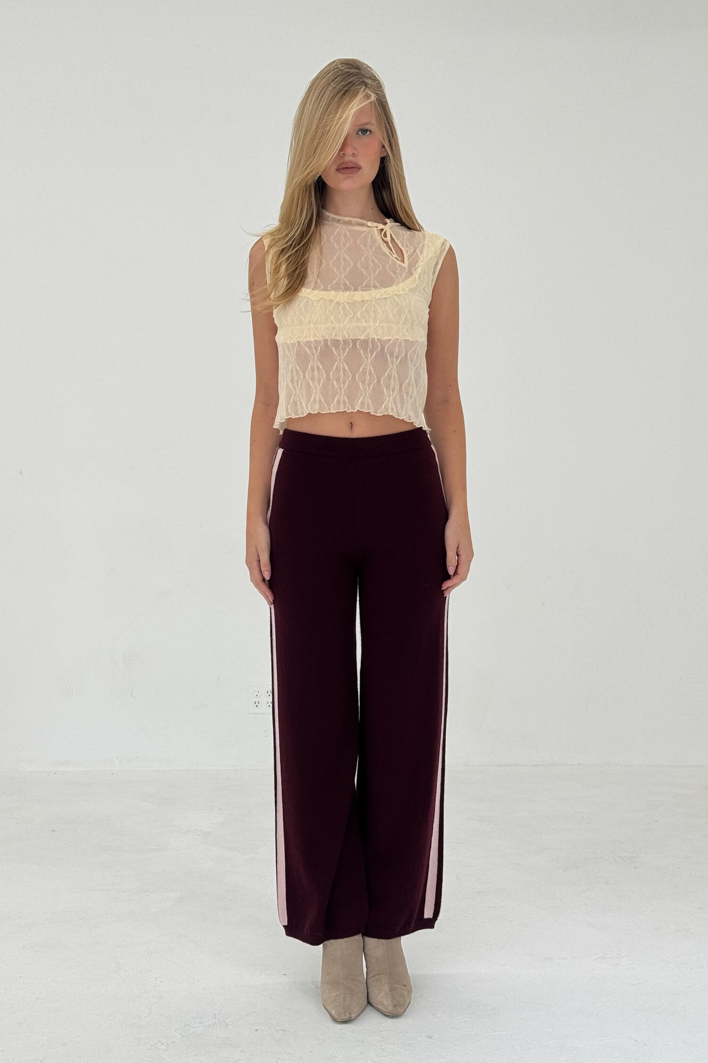 Cashmere Wool Stripe Wide-leg Pant in Raspberry