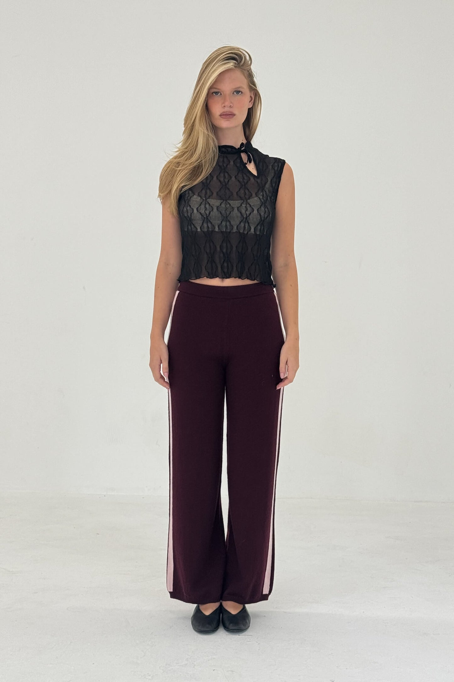Cashmere Wool Stripe Wide-leg Pant in Raspberry