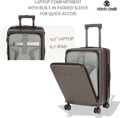 ROBERTO CAVALLI 20-Inch Luxury Carry-On Luggage – Hardshell Spinner Suitcase with Front Laptop Compartment, TSA Lock & Expandable Design