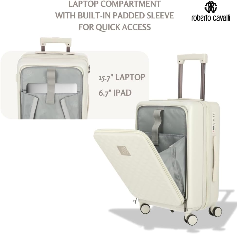 ROBERTO CAVALLI 20-Inch Luxury Carry-On Luggage – Hardshell Spinner Suitcase with Front Laptop Compartment, TSA Lock & Expandable Design