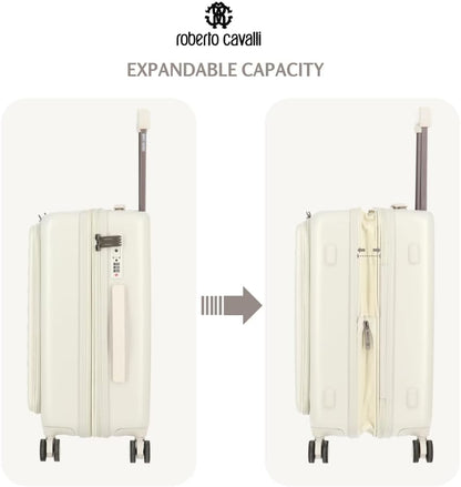 ROBERTO CAVALLI 20-Inch Luxury Carry-On Luggage – Hardshell Spinner Suitcase with Front Laptop Compartment, TSA Lock & Expandable Design