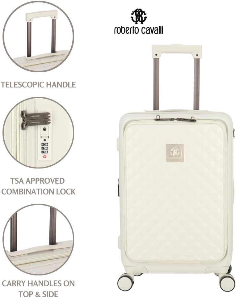 ROBERTO CAVALLI 20-Inch Luxury Carry-On Luggage – Hardshell Spinner Suitcase with Front Laptop Compartment, TSA Lock & Expandable Design