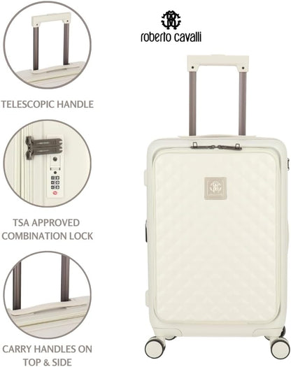 ROBERTO CAVALLI 20-Inch Luxury Carry-On Luggage – Hardshell Spinner Suitcase with Front Laptop Compartment, TSA Lock & Expandable Design