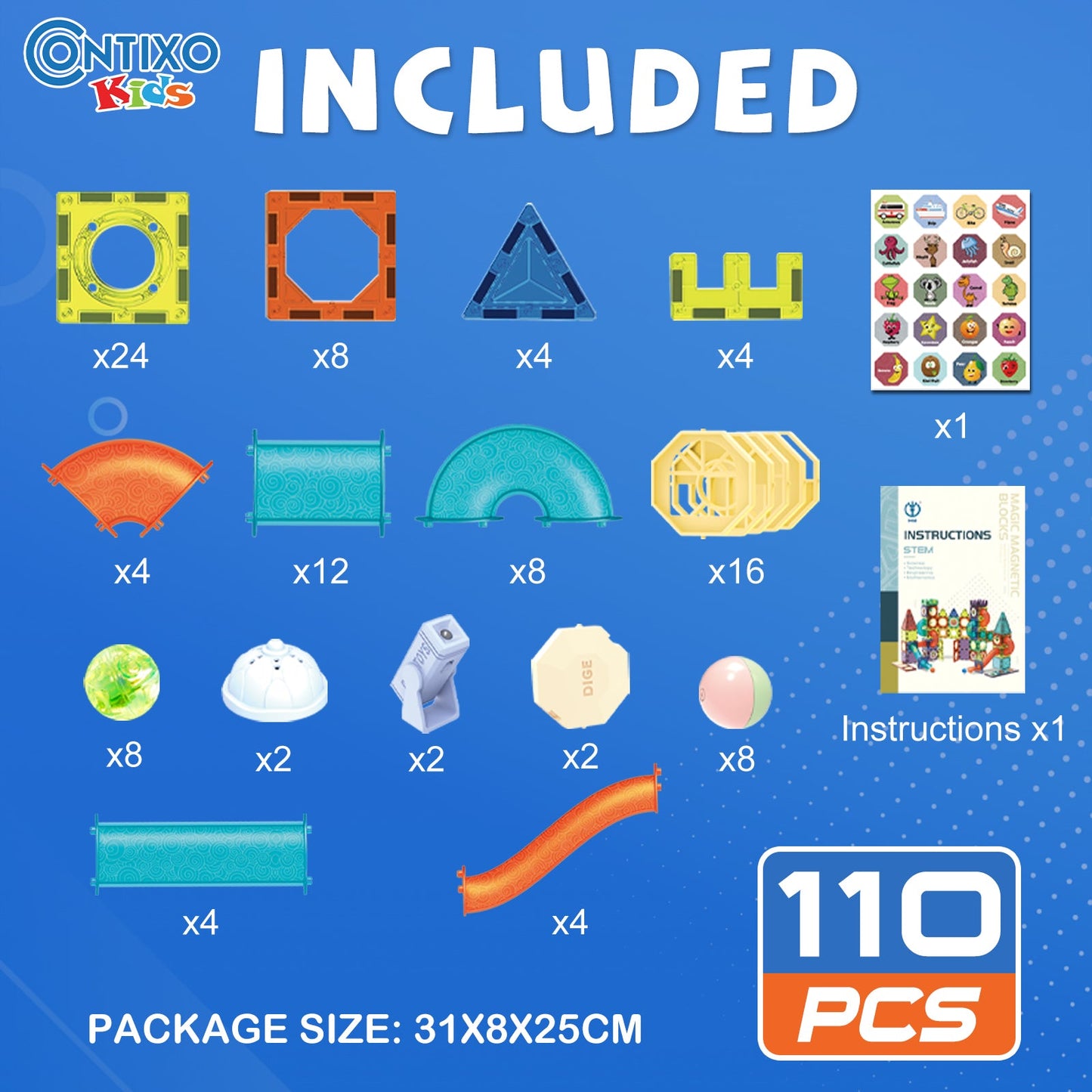 Contixo ST8 Magnetic Light-Up 3D Tiles Building Set - 110 Piece STEM Marble Run Blocks for Kids