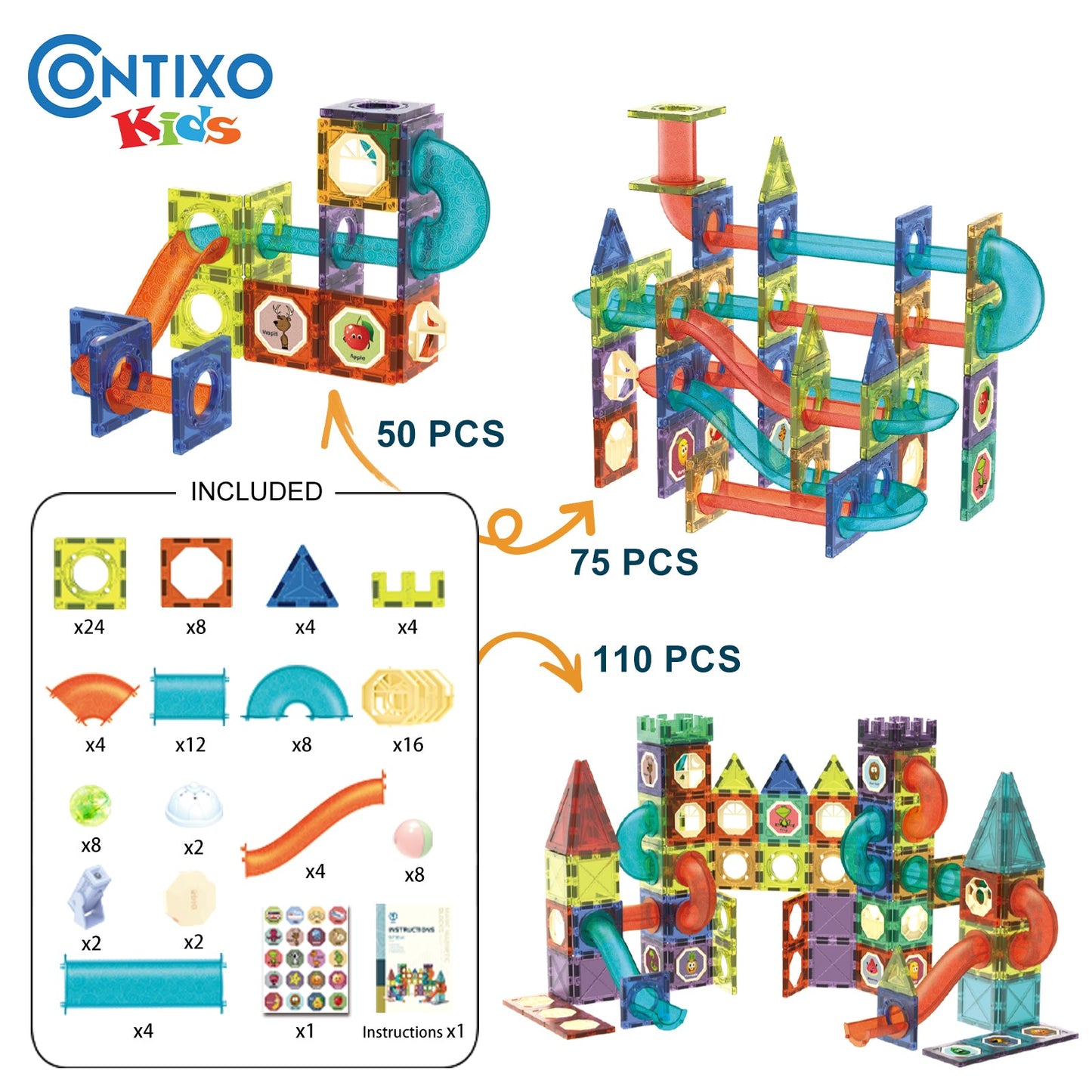 Contixo ST8 Magnetic Light-Up 3D Tiles Building Set - 110 Piece STEM Marble Run Blocks for Kids