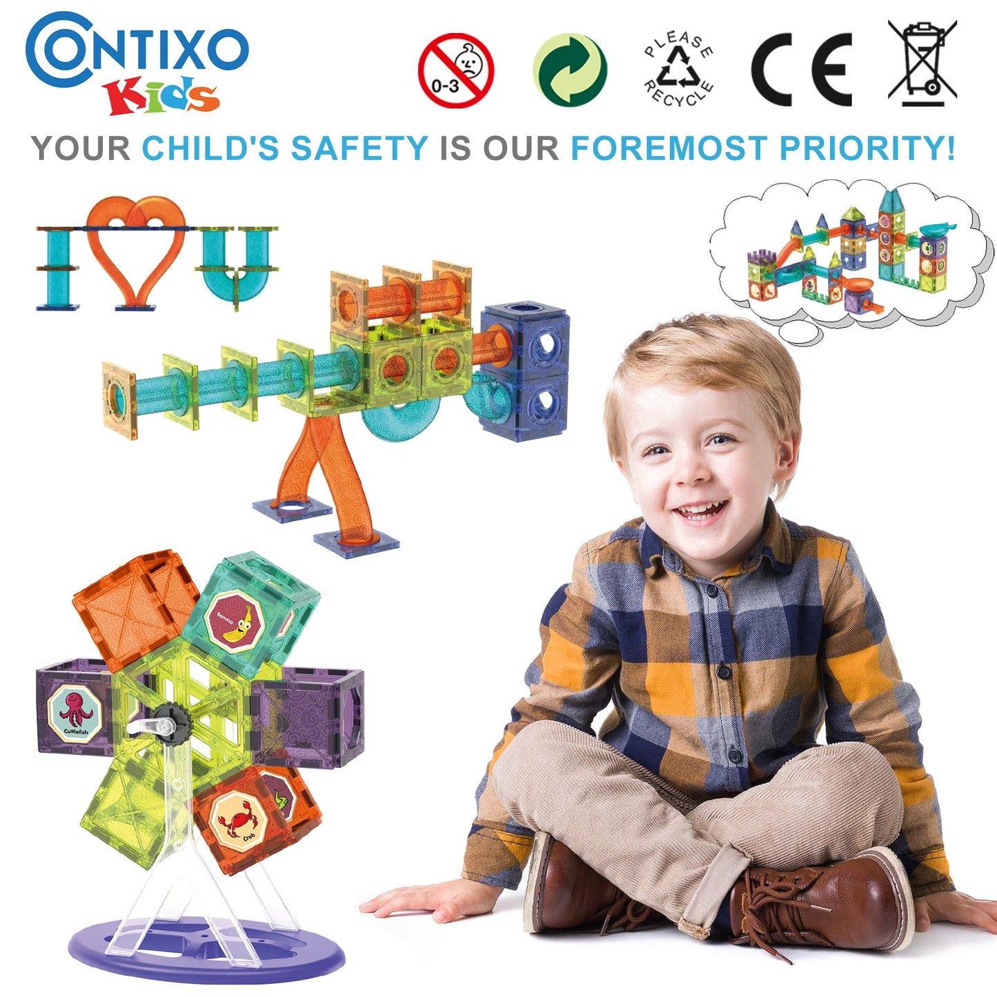 Contixo ST8 Magnetic Light-Up 3D Tiles Building Set - 110 Piece STEM Marble Run Blocks for Kids
