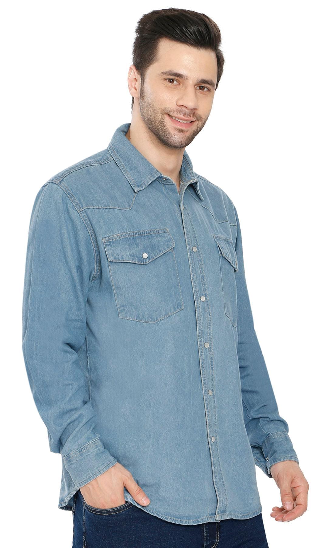 Mens Western Snap Front Button Shirt in Denim and Twill with a