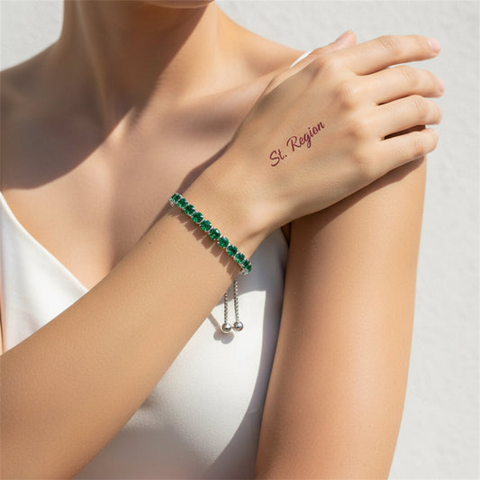 Green Cubic Zirconia & Silvertone Adjustable Link Bracelet