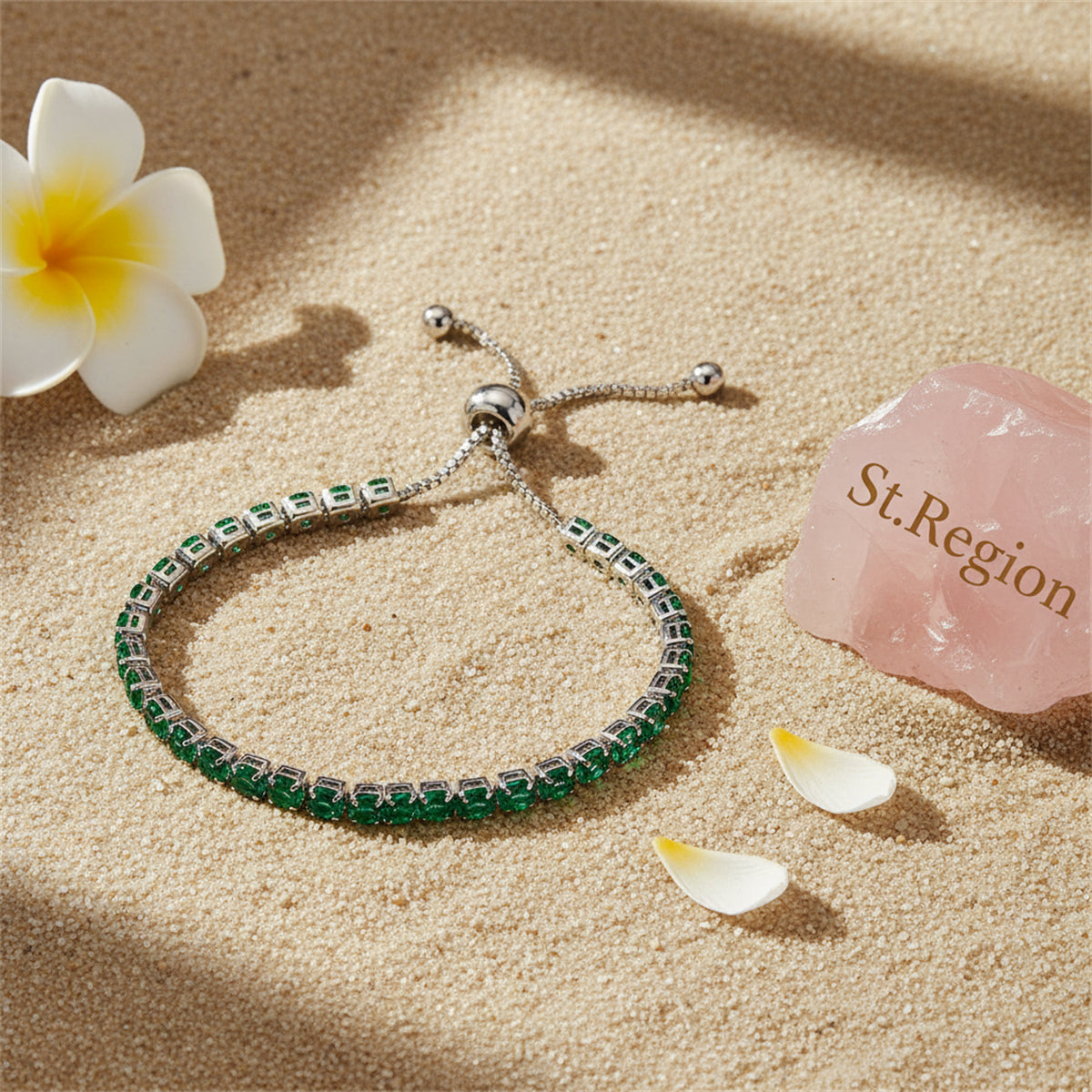 Green Cubic Zirconia & Silvertone Adjustable Link Bracelet