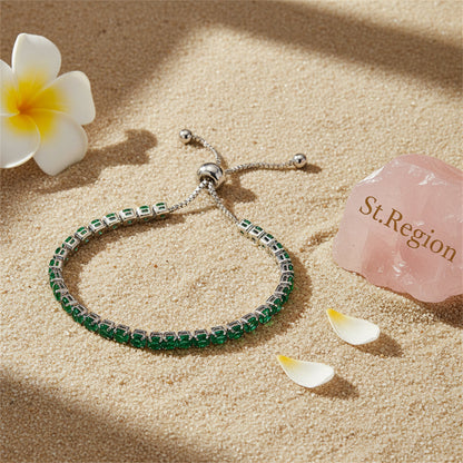 Green Cubic Zirconia & Silvertone Adjustable Link Bracelet