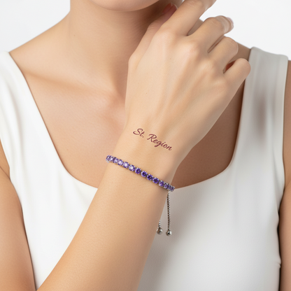 Purple Cubic Zirconia & Silvertone Adjustable Link Bracelet