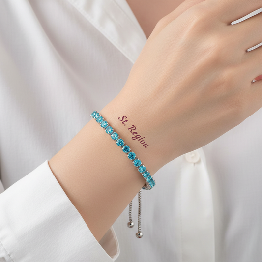 Sea Blue Cubic Zirconia & Silvertone Adjustable Link Bracelet