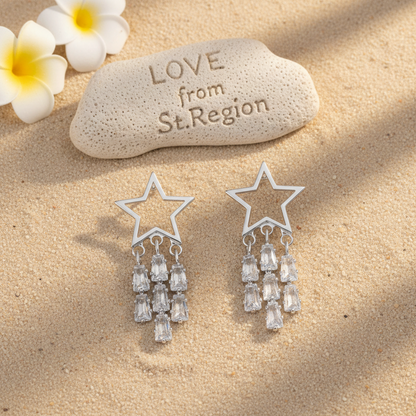Crystal & Silvertone Open Star Tassel Drop Earrings