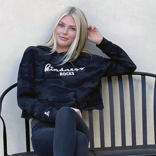 Kindness Rocks Hoodie Crop Sweatshirt | Black Camo