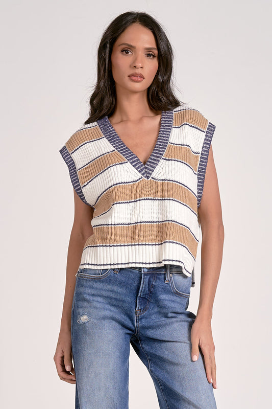 Slate Sleeveless Sweater Camel Stripe